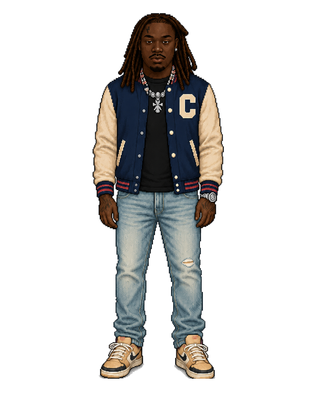Lucki full-body portrait in a varsity letterman jacket